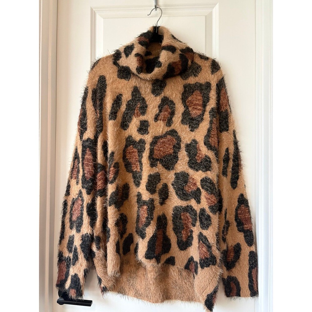 Show Me Your Mumu Leopard Fuzzy Turtleneck Sweater Large